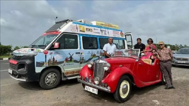 The family set out on a journey from India to Britain in a vintage car, covering a distance of 12,000 km.